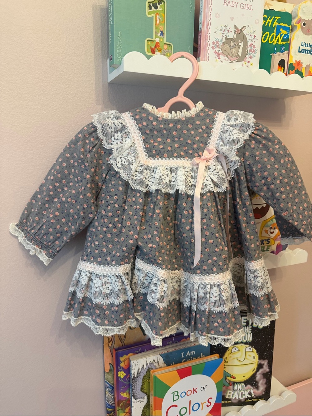 Gray Floral Lace vintage Baby Dress with Pink Bow